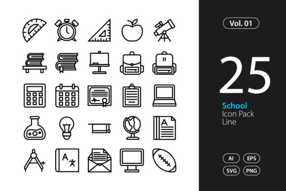 25 School Icon Set for Embroidery Projects